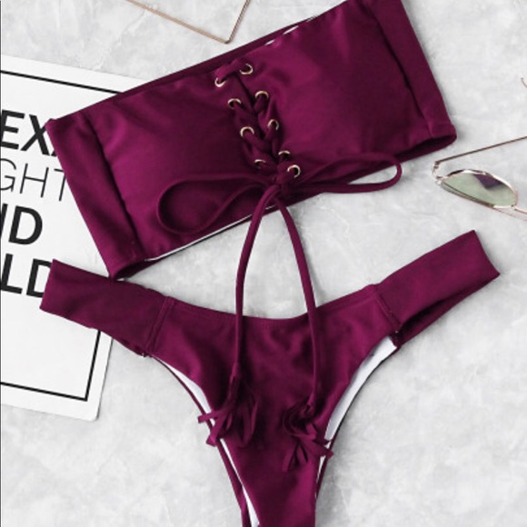 Other - Bandeau Lace Front Bikini Burgundy Eggplant